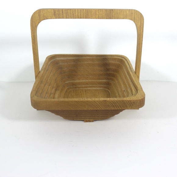 Vintage Oak Wood Collapsible Basket Bowl, Mid Century Modern, Folding Bowl - Picture 6 of 9